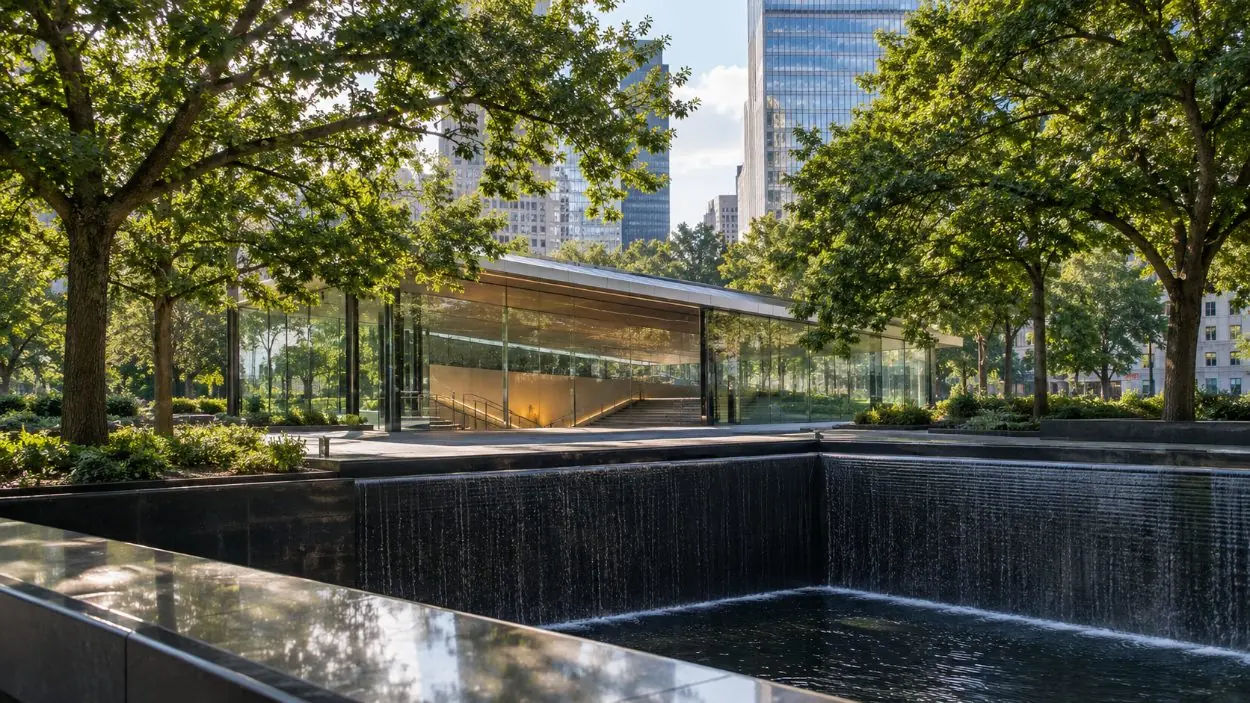 A memorial pool at street level and the pavilion that leads down to the museum