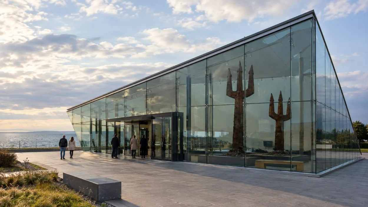 The glass entry pavilion of the museum with the two steel tridents visible inside