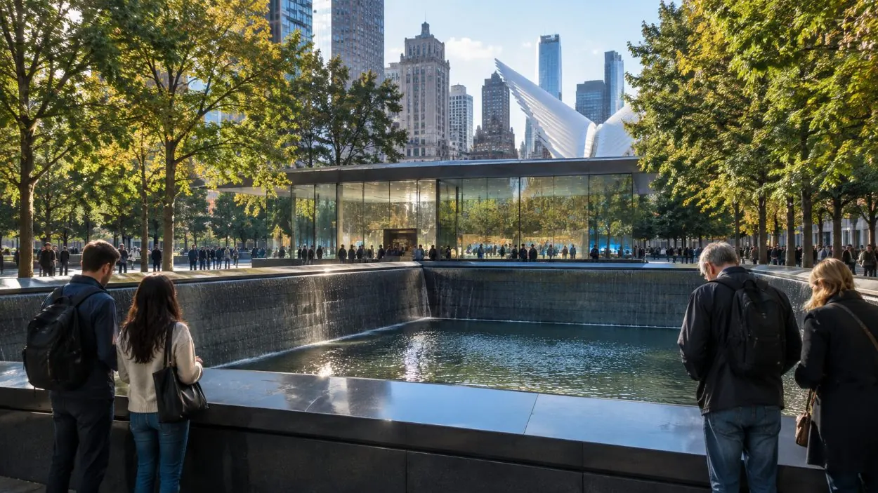 Visitors at the edge of a memorial pool with the glass museum pavilion behind