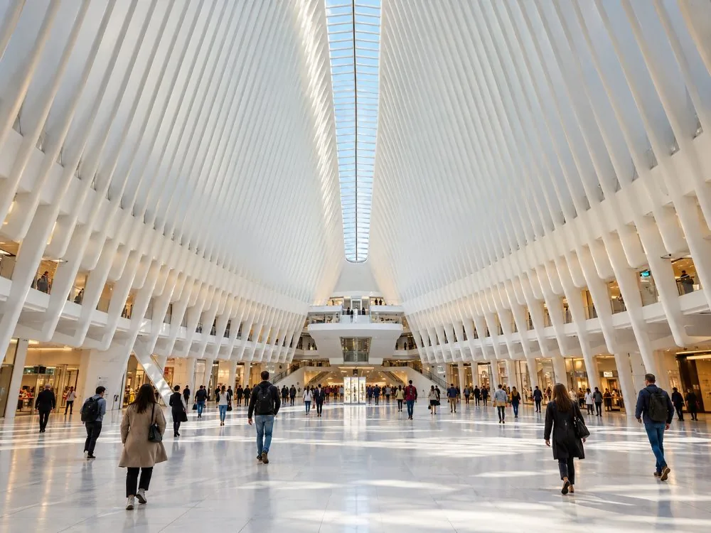 The white ribs of the Oculus transit hall seen from the floor